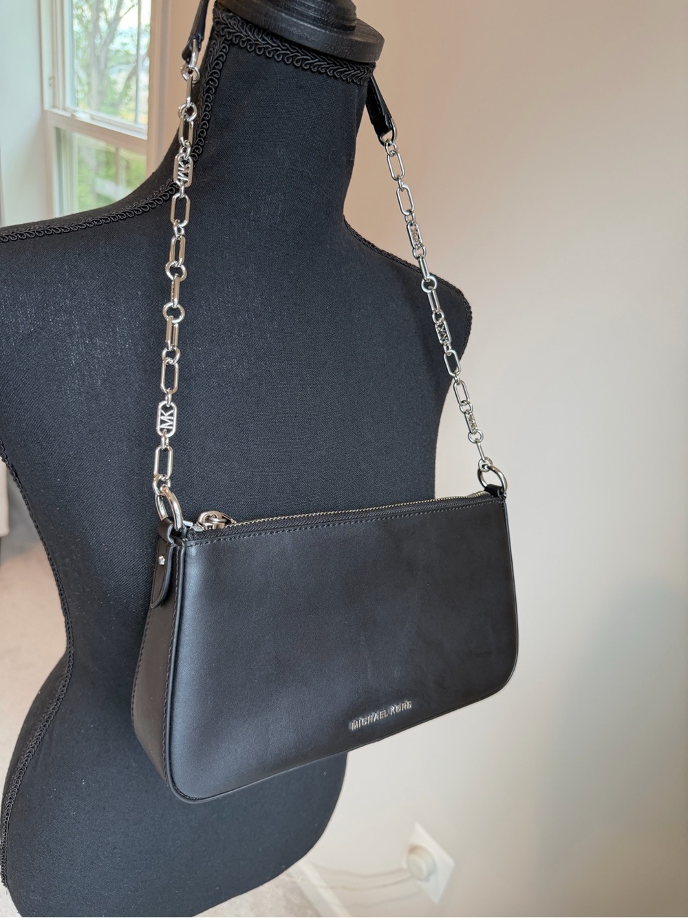 Michael Kors Black Leather Shoulder Bag Silver Chain Baguette Purse